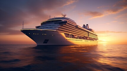A Cruise Ship in the Ocean at Sunset - obrazy, fototapety, plakaty