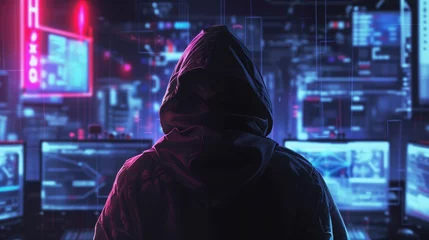 Fotobehang Faceless hacker in a hoodie facing off against a cyber defender in a virtual arena, portraying the ongoing battle between cybersecurity professionals and cyber threats © CraftyImago