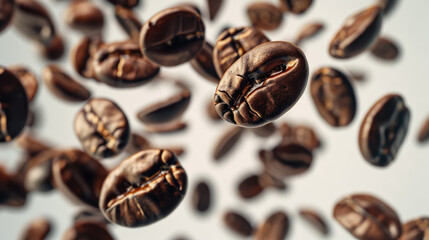 Obraz premium Close-up of scattered roasted coffee beans on a white background, with a central bean in sharp focus.