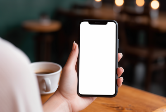 Woman's Hand Holding Mobile Phone in Coffee Shop Mockup