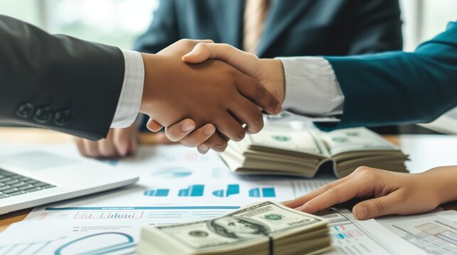 Handshake between two individuals exchanging money and financial documents, signifying a successful business transaction and financial agreement