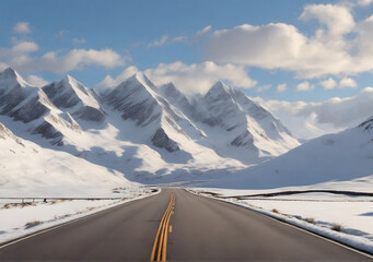 Mountain, Snow covered peaks and road