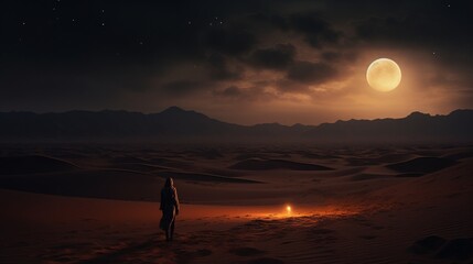 Fototapeta na wymiar Person Standing in the Desert at Night