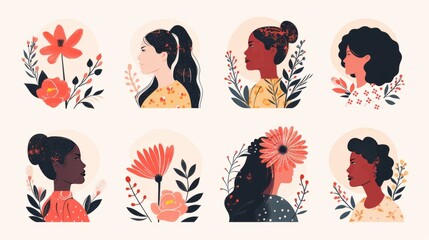 International Women s Day. Set of vector templates with cute women and flowers for card, poster, flyer and other users