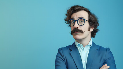 Modern Confidence: Young Professional in Blue Suit and Bold Glasses