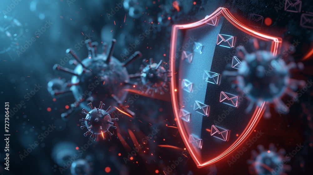 Poster shield featuring email icons portrays a dynamic scene of a virus being repelled by a shield adorned 