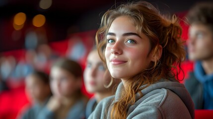 Fototapeta premium Cinema, portrait and happy woman, watching film with smile on romantic date together. Movie night, face of girl in theater with man at box office show and sitting in auditorium to relax at premier.
