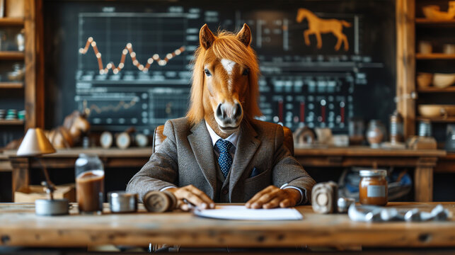 horse in a business suit sits at a desk with stock market charts on the blackboard behind it