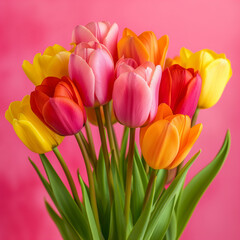 Naklejka premium Lush Tulip Bouquet Isolated on Vivid Pink Background - A Burst of Spring Colors with Fresh Pink, Orange, and Yellow Flowers