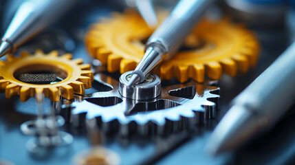 close-up of metallic gears, some golden and others silver, with a screwdriver positioned on one of the gears, illustrating precision work or repair