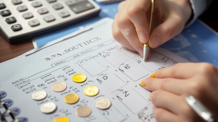 Planificación Financiera y Presupuesto con Calculadora y Monedas - obrazy, fototapety, plakaty