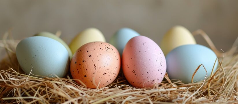 Pastel easter eggs arranged in a hay nest.