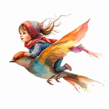 Girl flying on the back of a bird watercolor paint