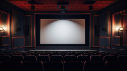 Fototapeta premium Cinema interior with seats and white screen. Movie theater room with chairs