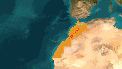 The Kingdom of Morocco map and Rabat, its capital city on the world background. A North African country bordering the Atlantic Ocean and Mediterranean Sea. Morocco is also a member of the Arab League