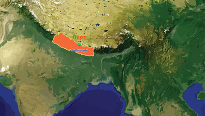 Federal Democratic Republic of Nepal country map and Kathmandu, its capital city on the world background. This landlocked South Asian country is recognized for its Hindu culture and architectures. 
