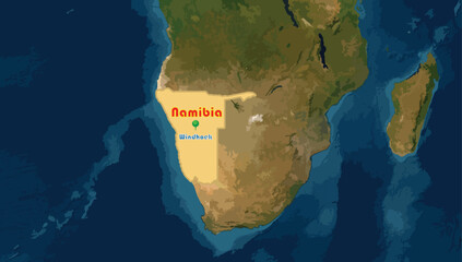 Nambia map on the world background. The capital city is Winhoek. Formerly, the country was known as South West Africa. Official language is English. Famous with the highest dunes in the world and olde