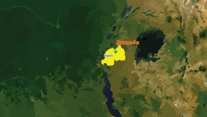 Republic of Rwanda country map and Kigali, its capital city on the world background. It is a landlocked country in the Great Rift Valley of Central Africa. Famous with rainforests, mount Bisoke summi