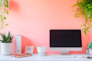 computer table on pink background