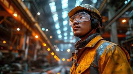 man in a yellow dirty work jacket and helmet with clear goggles, looking up in a factory with bright lights and metal structures