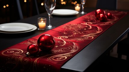 A Red Table Runner With Ornaments