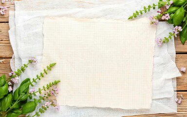 green basil flowers and blank paper sheet on a wooden background.spring border green blossom