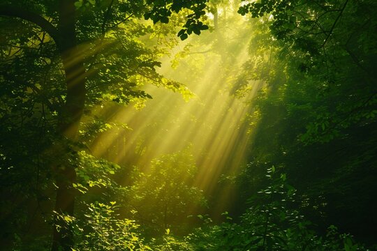Sunrays over a green forest in summer