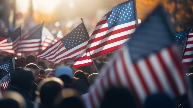 cold tones, Background blur of crowd at political rally in the United States holding signs and carrying US flags. Great image for upcoming election cycle in 2024 presidential campaigns. Copy space