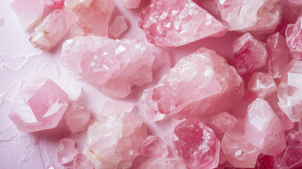 Close-up rough rose quartz crystals on textured pink background. Concepts of quiet luxury, precious gems and minerals collection