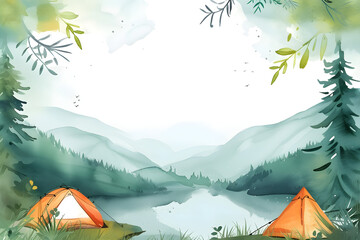 Cute cartoon camping frame border on background in watercolor style.