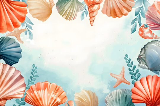 Cute cartoon shell frame border on background in watercolor style.