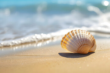 Fototapeta na wymiar Shell on the sand at beach. Summer holiday background.