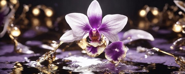 purple orchid with gold chain and water reflection