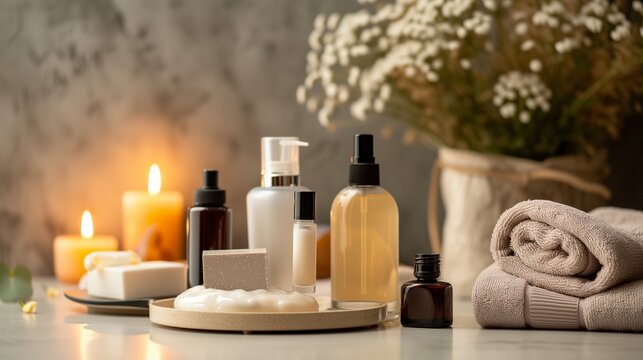 Skin care ,spa ,beauty, and perfume products, conveying self-care routines luxurious atmosphere and the promotion of natural beauty