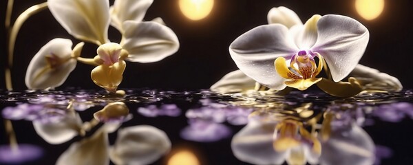 there are two white orchids with purple petals on a reflective surface