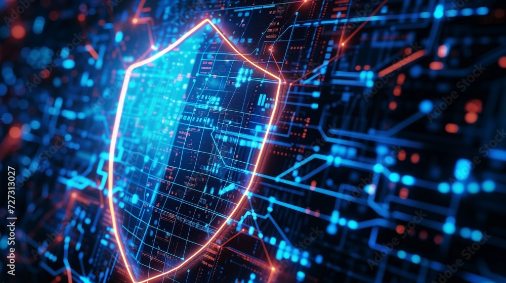 Poster cyber shield a futuristic depiction of a shield composed of interconnected digital circuits, represe