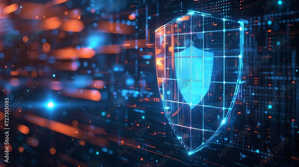 Poster cyber shield a futuristic depiction of a shield composed of interconnected digital circuits, represe