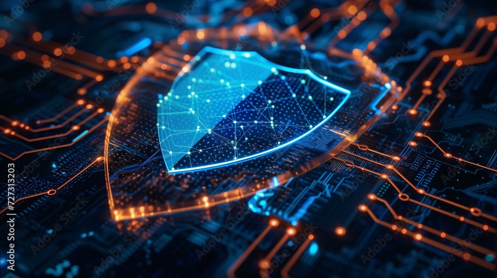Poster cyber shield a futuristic depiction of a shield composed of interconnected digital circuits, represe