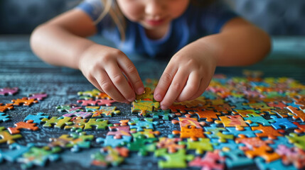 Close-up of child's hands assembling colorful jigsaw puzzle pieces on table.