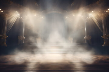 An empty stage lit up by spotlights and surrounded by smoke, with space for messages or logos in stage background.	