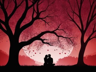 Silhouette of a loving couple on valentine day background