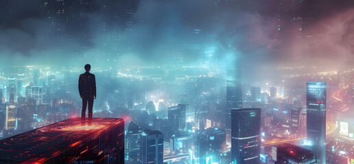 Obraz premium A businessman on a platform overlooks a city at night, symbolizing the future smart city network in a cybernetic style.