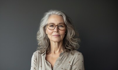 Middle aged woman wearing casual standing against neutral gray background and looking at camera