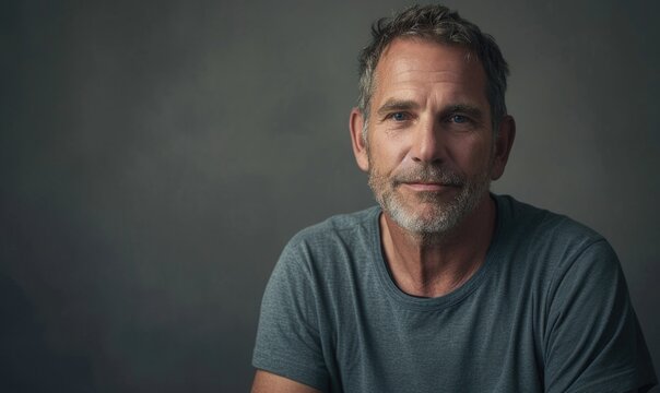 Middle aged man wearing casual standing against neutral gray background and looking at camera