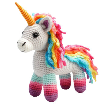 Handmade unicorn toy isolated on transparent background. In the style of a crocheted toy.