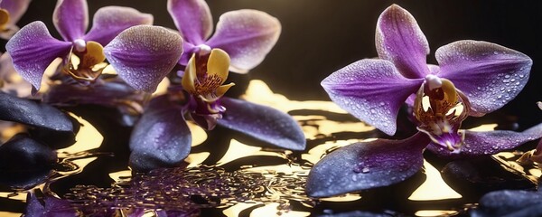 purple flowers are sitting on a gold plate with water droplets