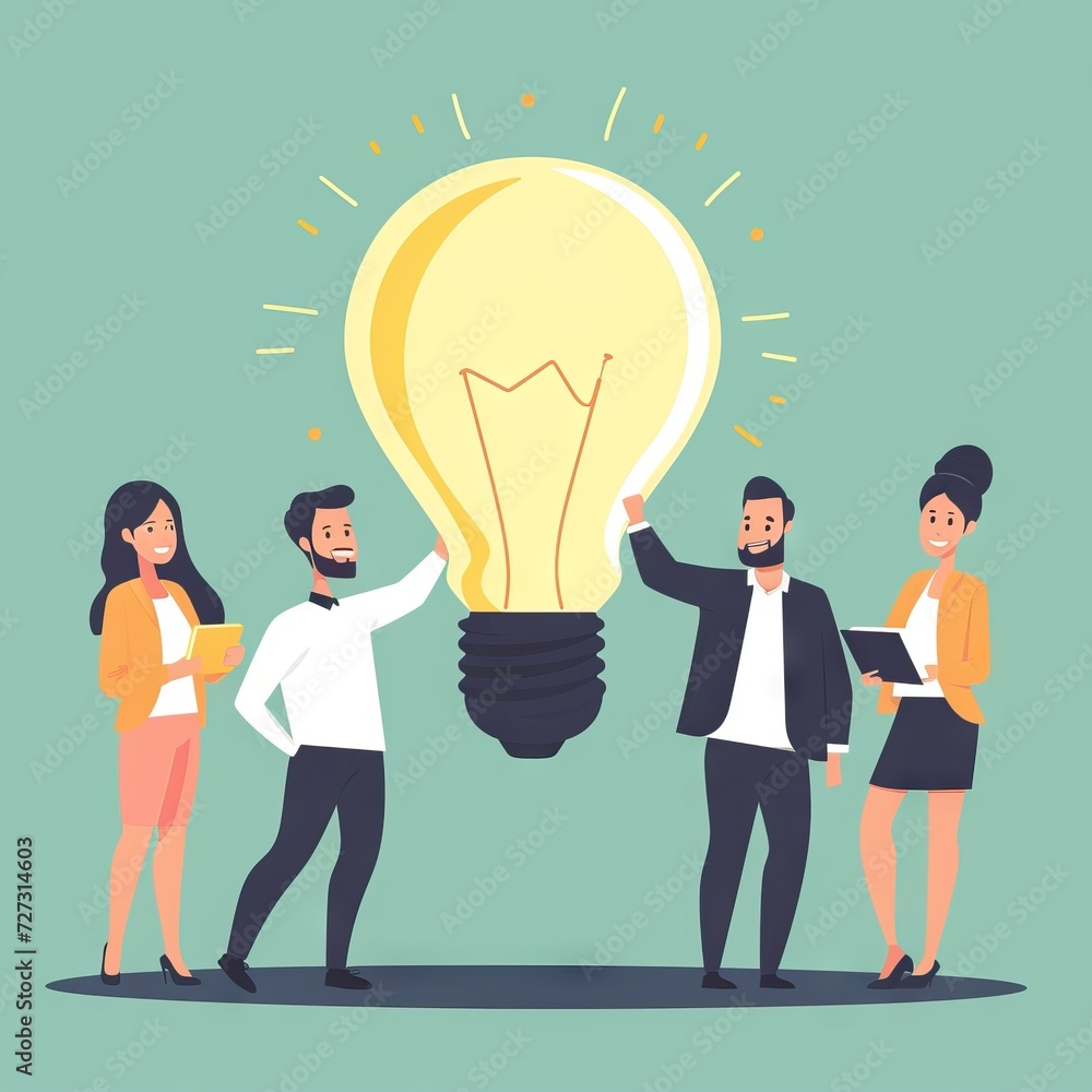 Poster teamwork and brainstorming concept with businessmen that share a big idea with a lamp. generative ai