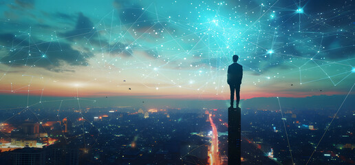 A businessman on a platform overlooks a city at night, symbolizing the future smart city network in a cybernetic style.