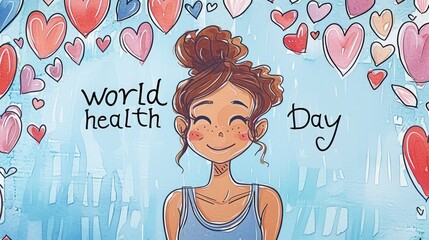 Illustration of a young girl with the text "World Health Day". Physical and mental health concept