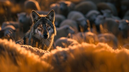 Lone wolf skillfully camouflaged amidst a flock of sheep, its piercing eyes gleaming with a mix of cunning and hunger, - obrazy, fototapety, plakaty